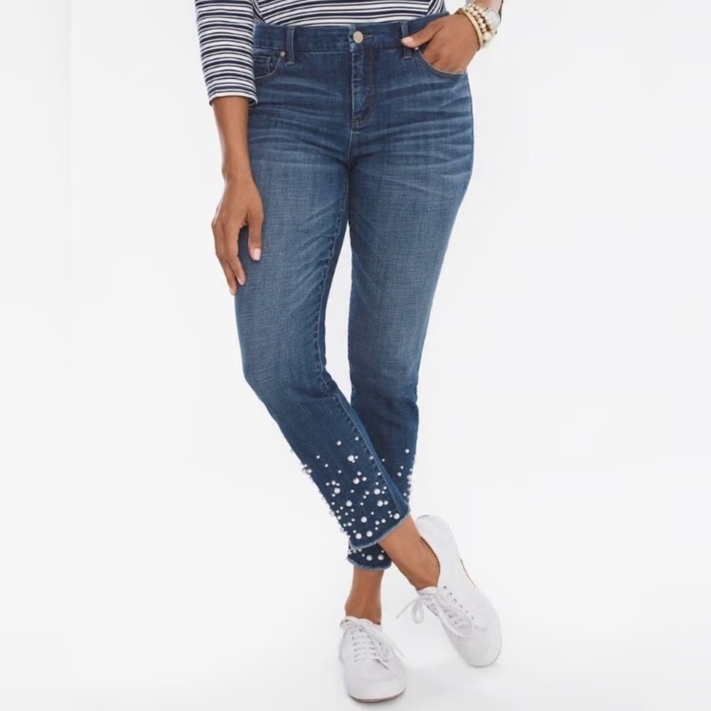 Chico's So Slimming Girlfriend Ankle Jeans with Pearl Details Sz .5 / 6 petite